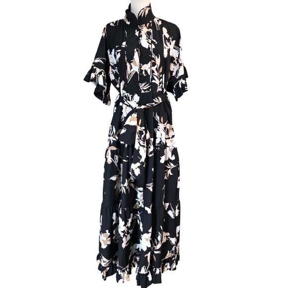 Sue Sartor by antrhopologie Floral Maxi Dress Mandarin Collar Belted Large - Picture 6 of 16